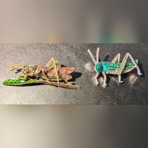 Colorful Grasshopper Brooch Set - Gold And Silver